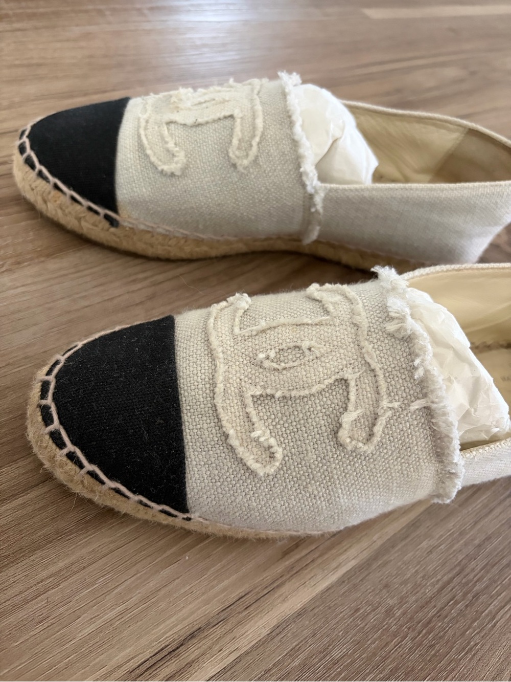 CHANEL Cream and Black Canvas Espadrilles with Frayed CC Logo